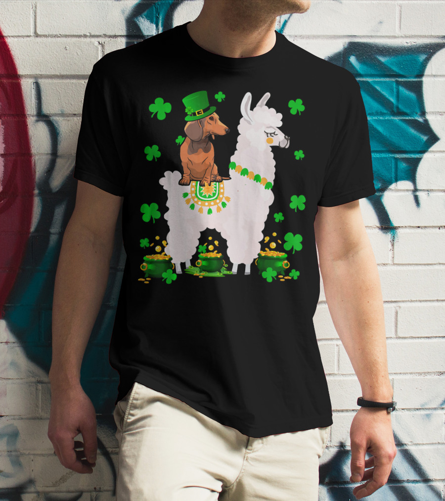 Leprechaun Dachshund Riding Llama Shamrocks Pots Of Gold T-Shirt