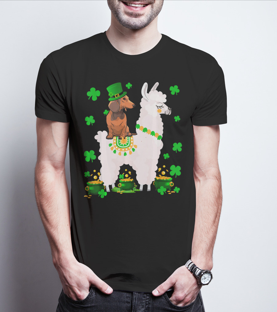 Leprechaun Dachshund Riding Llama Shamrocks Pots Of Gold T-Shirt