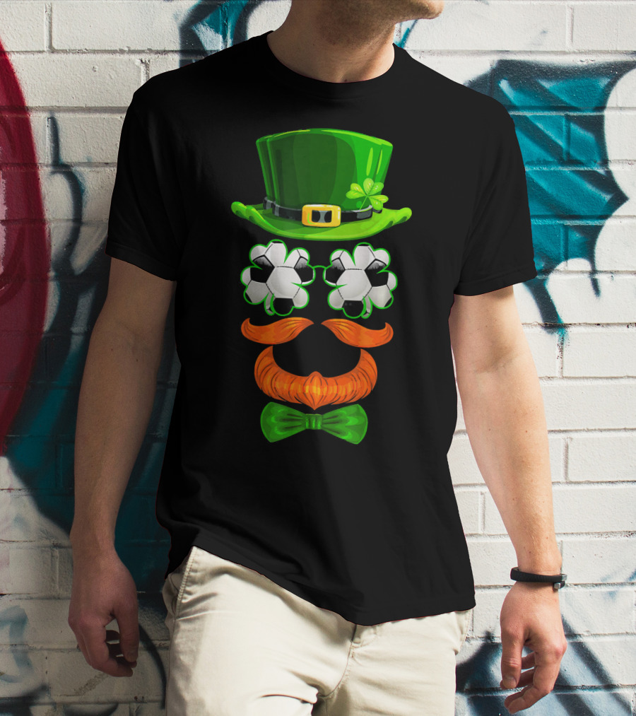 Leprechaun Hat With Soccer Ball Shamrock Glasses And Clover Bowtie T-Shirt