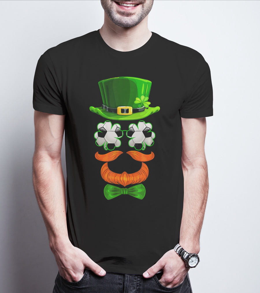 Leprechaun Hat With Soccer Ball Shamrock Glasses And Clover Bowtie T-Shirt