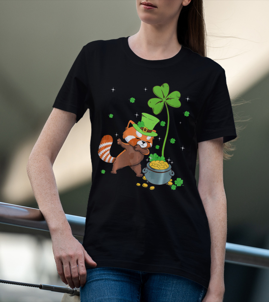 Shamrock Leprechaun Red Panda Pot Of Gold St Patrick's Day T-Shirt