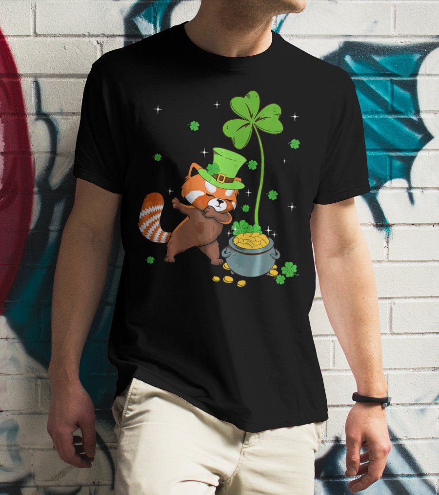 Shamrock Leprechaun Red Panda Pot Of Gold St Patrick's Day T-Shirt