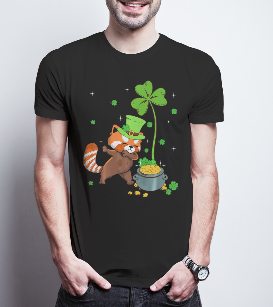 Shamrock Leprechaun Red Panda Pot Of Gold St Patrick's Day T-Shirt