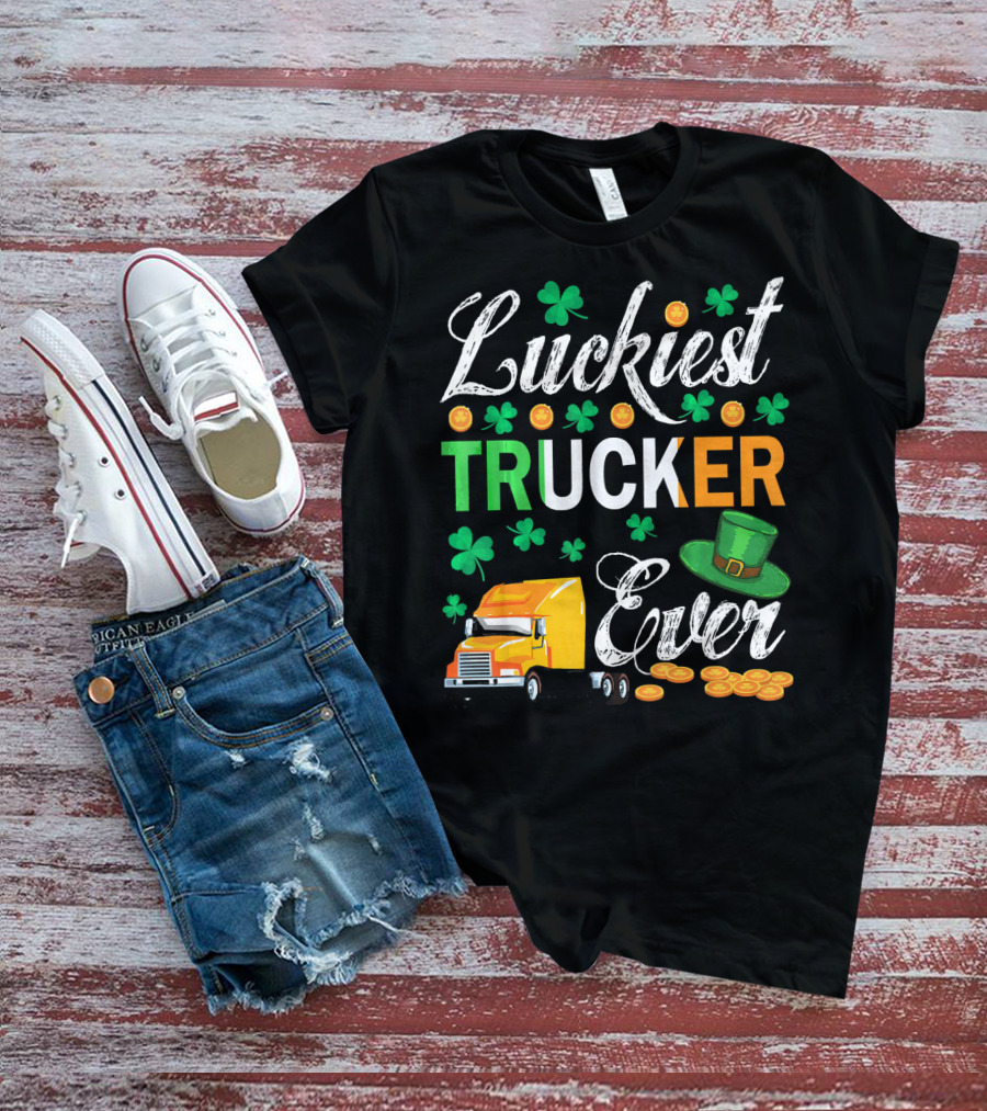 Luckiest Trucker Ever Shamrocks Leprechaun Hat And Coins T-Shirt