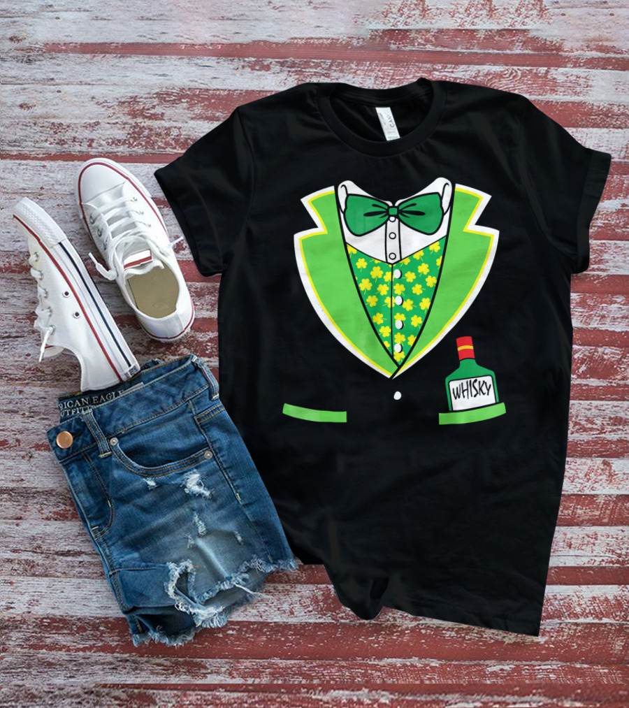 St Patricks Day Tuxedo Costume With Shamrock Vest And Whisky Flask T-Shirt
