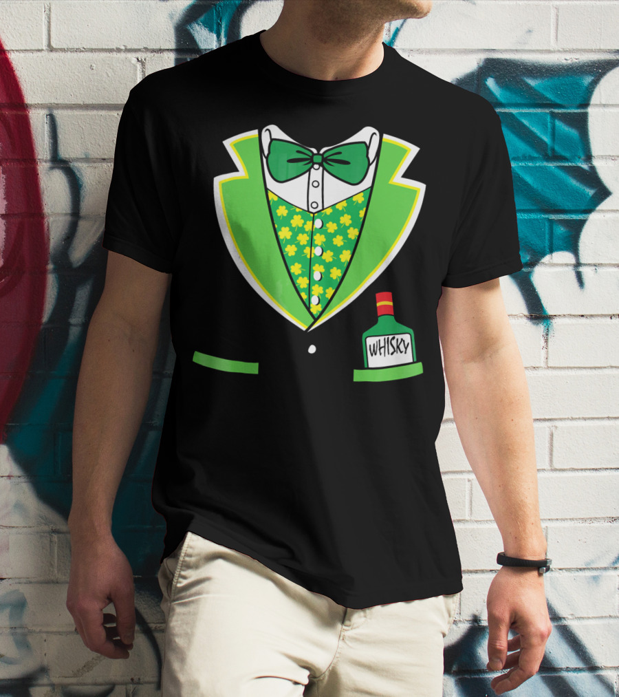 St Patricks Day Tuxedo Costume With Shamrock Vest And Whisky Flask T-Shirt