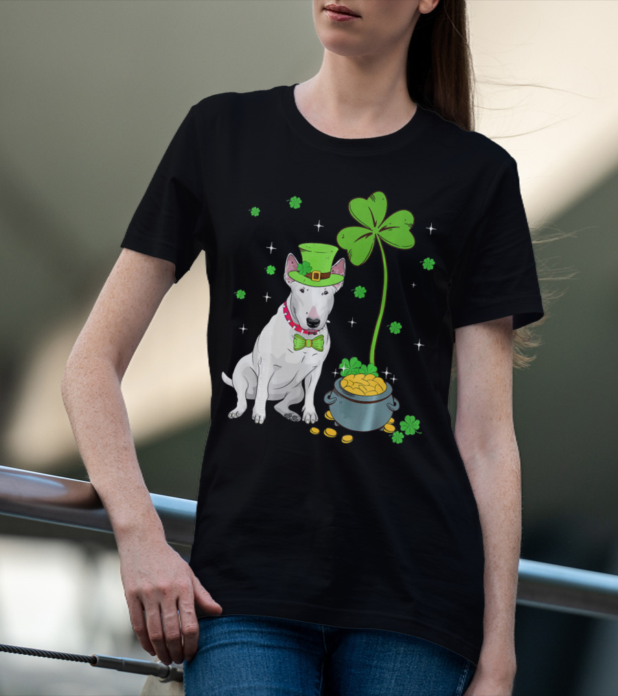 Shamrock Leprechaun Bull Terrier Pot Of Gold And Clover T-Shirt