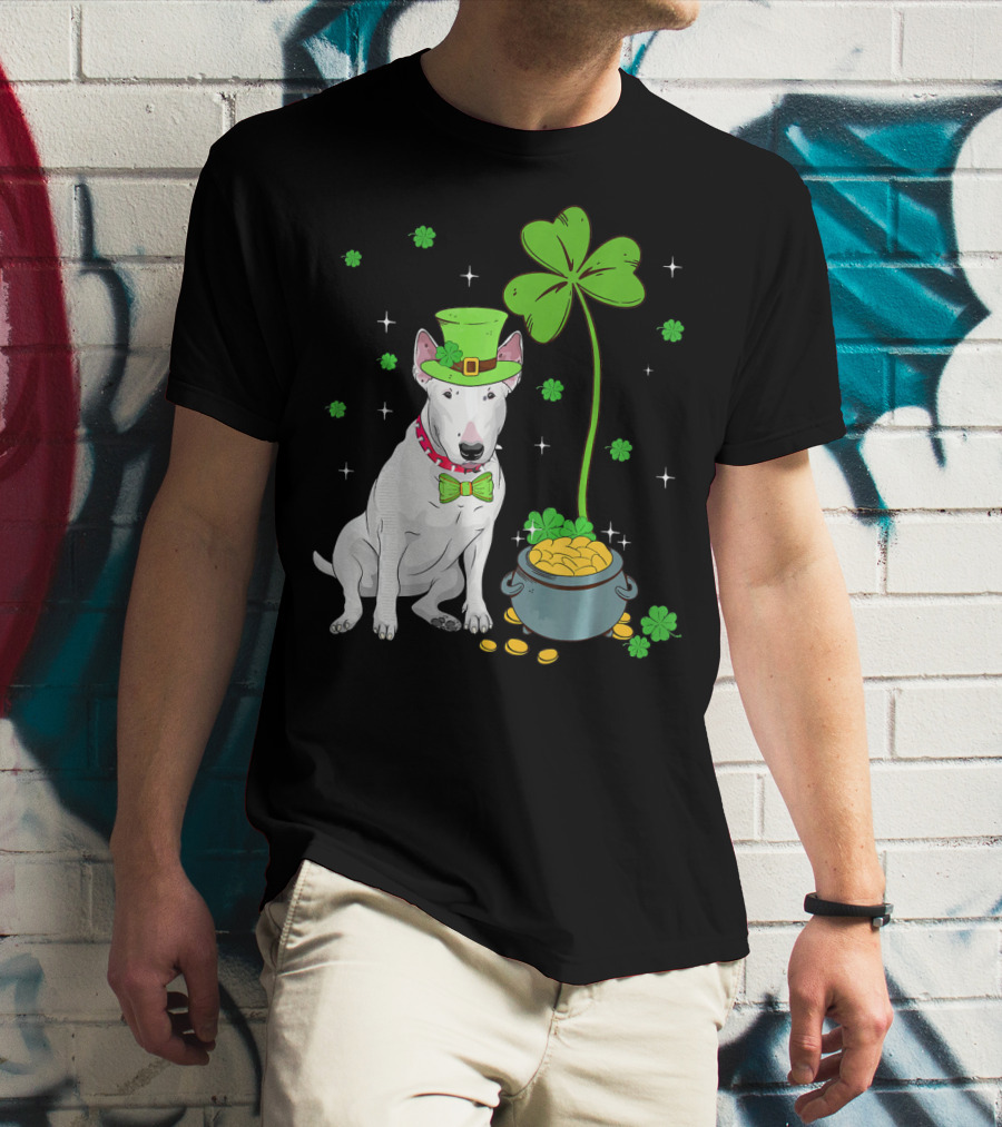 Shamrock Leprechaun Bull Terrier Pot Of Gold And Clover T-Shirt
