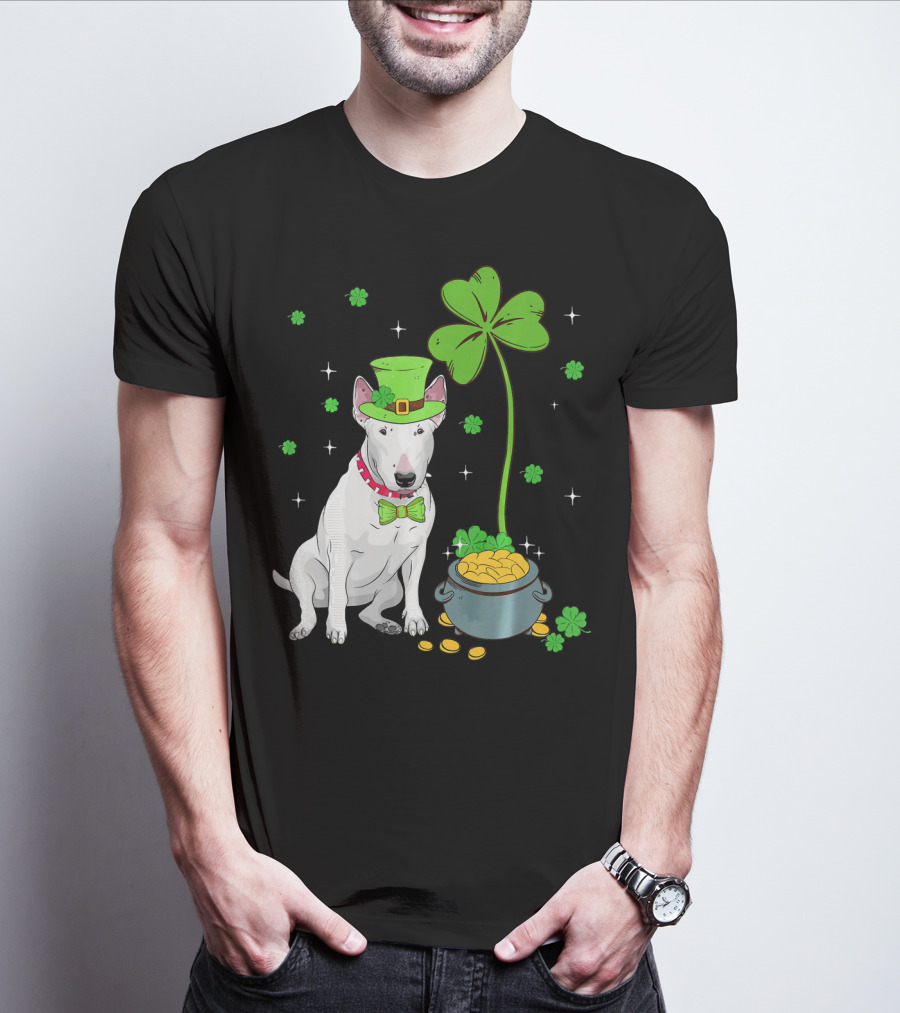 Shamrock Leprechaun Bull Terrier Pot Of Gold And Clover T-Shirt