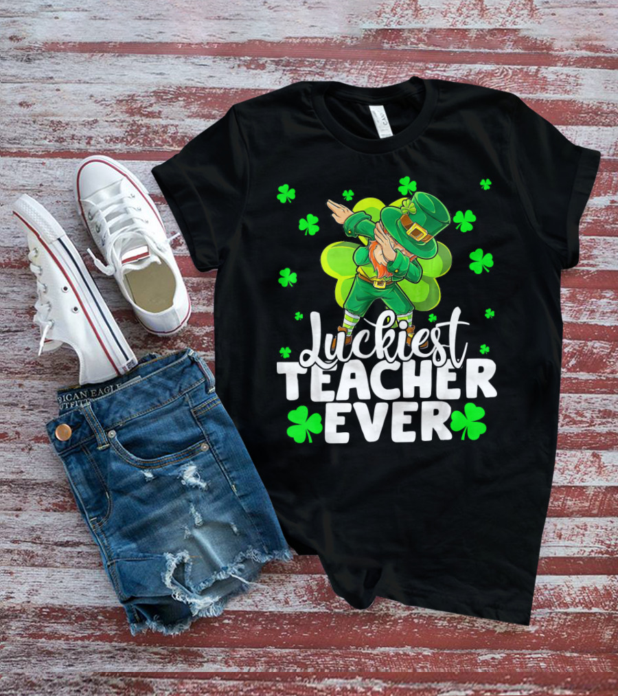 Luckiest Teacher Ever Leprechaun Dabbing With Shamrocks T-Shirt