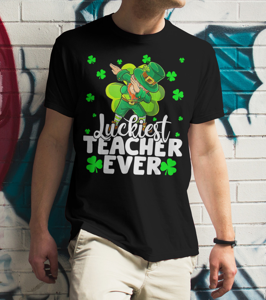 Luckiest Teacher Ever Leprechaun Dabbing With Shamrocks T-Shirt