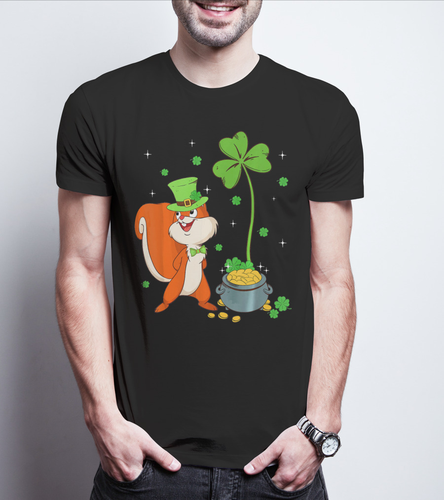 Leprechaun Squirrel With Shamrock And Pot Of Gold St Patricks T-Shirt
