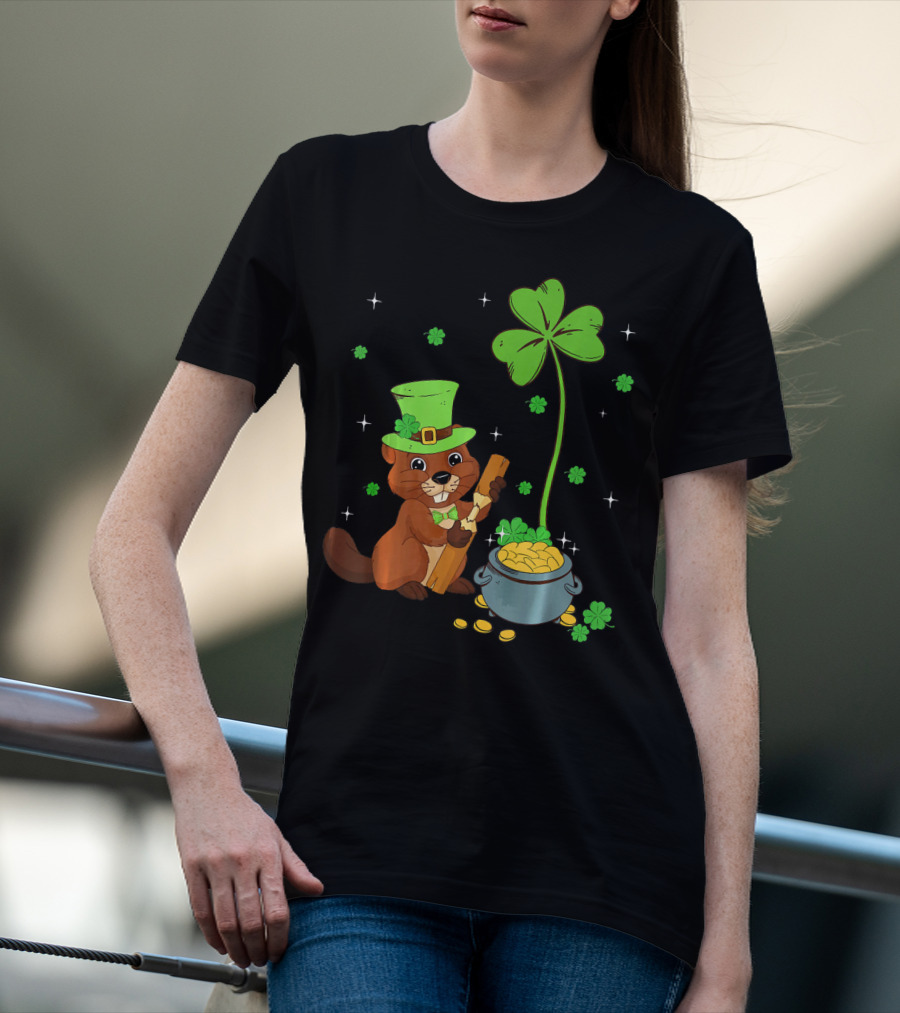 Shamrock-Leprechaun Beaver With Pot Of Gold And Clover For St Patricks T-Shirt