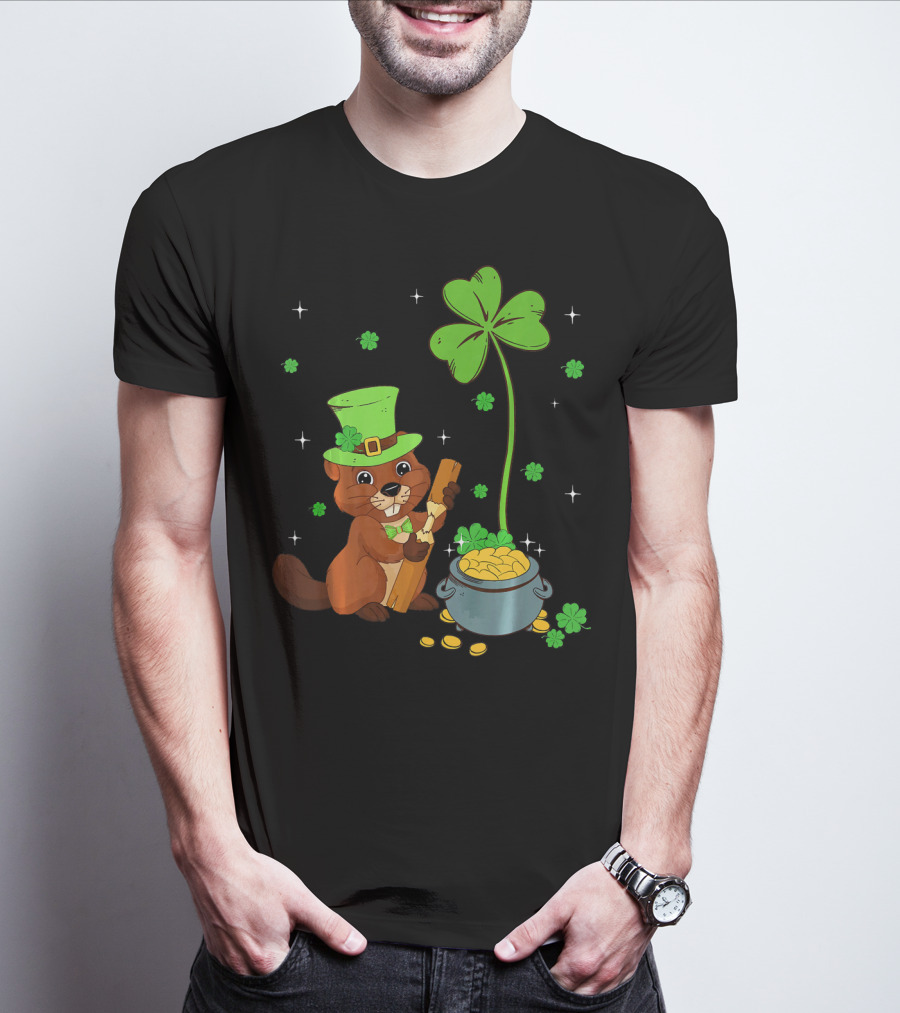 Shamrock-Leprechaun Beaver With Pot Of Gold And Clover For St Patricks T-Shirt