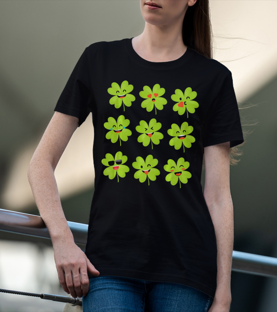 Four Leaf Clover Emojis Funny Saint Patrick's Day Smiley Faces T-Shirt