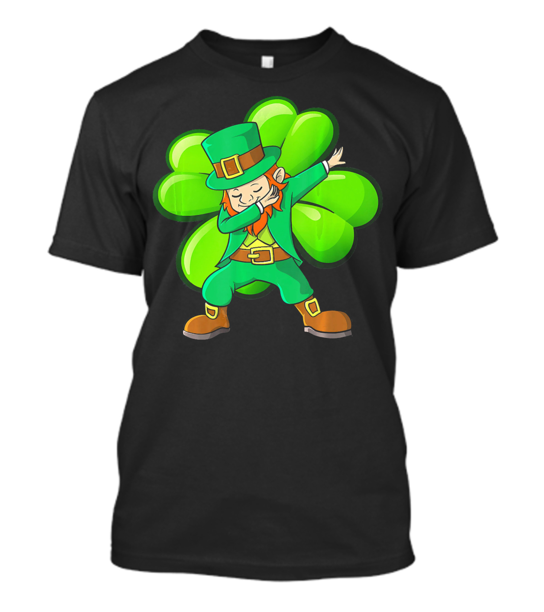 Cute Dabbing Leprechaun With Green Shamrock Background T-Shirt