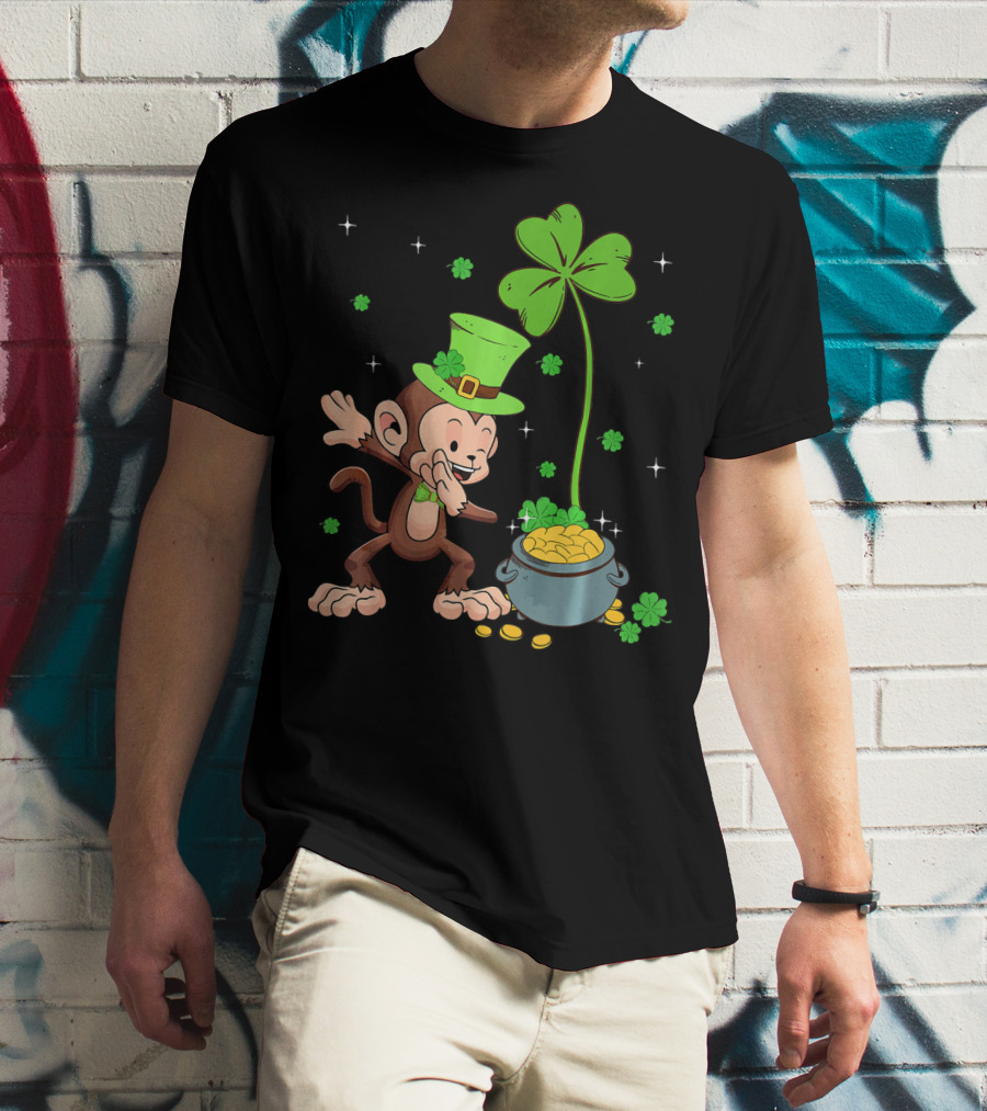 Shamrock Leprechaun Monkey With Pot Of Gold St Patricks T-Shirt