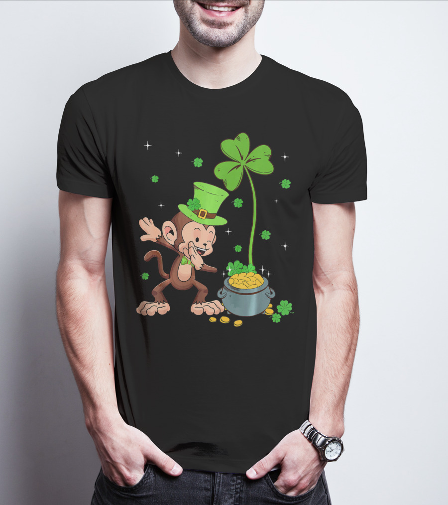 Shamrock Leprechaun Monkey With Pot Of Gold St Patricks T-Shirt