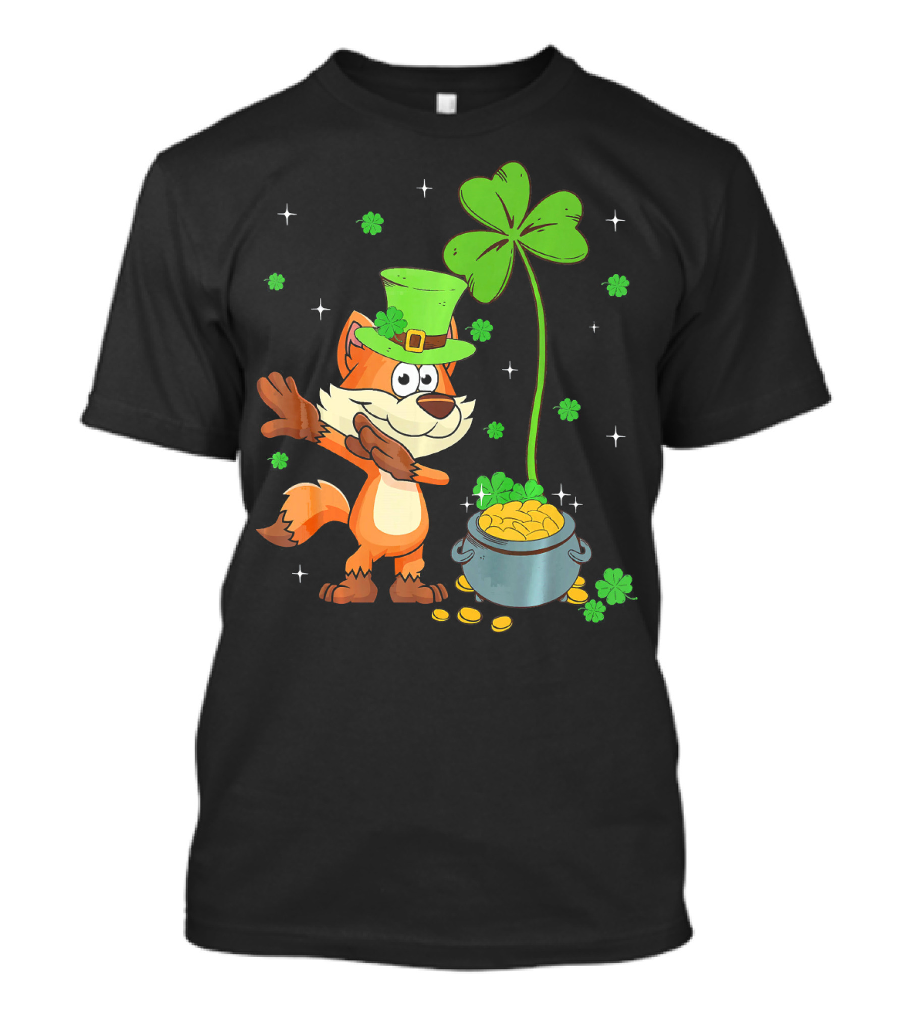Shamrock Leprechaun Fox With Clover And Pot Of Gold T-Shirt