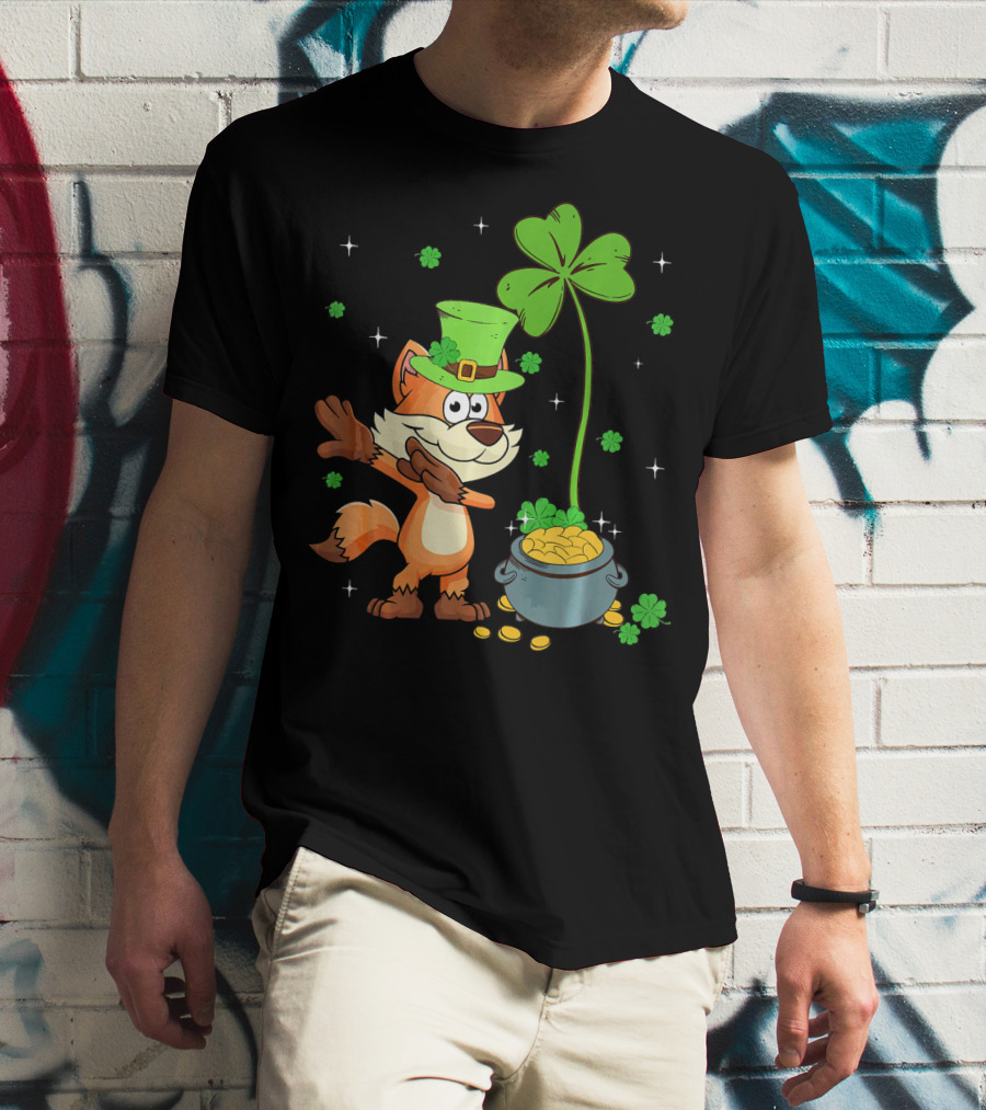 Shamrock Leprechaun Fox With Clover And Pot Of Gold T-Shirt