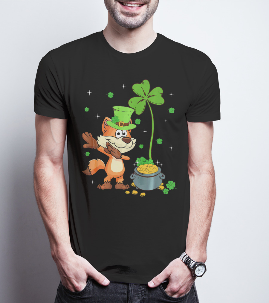 Shamrock Leprechaun Fox With Clover And Pot Of Gold T-Shirt