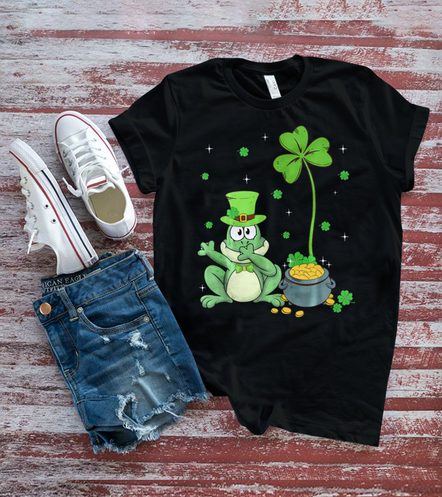 Shamrock Leprechaun Frog With Pot Of Gold And Clover Hat T-Shirt