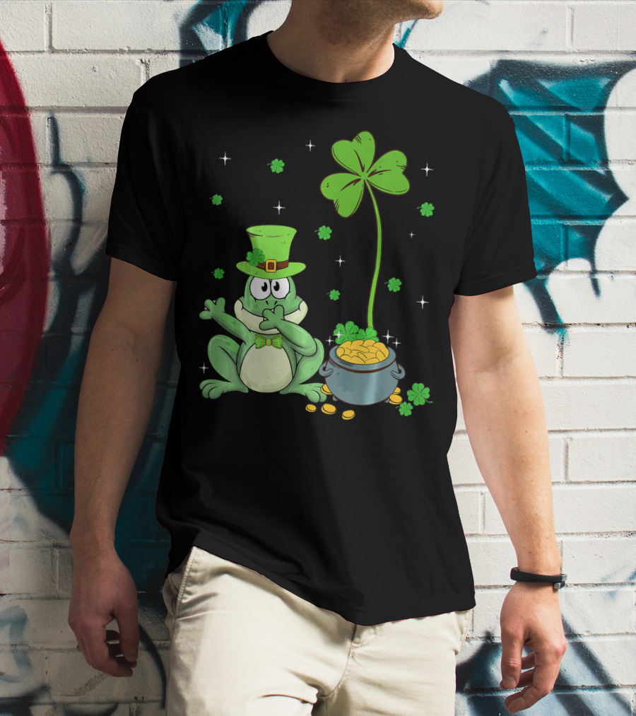 Shamrock Leprechaun Frog With Pot Of Gold And Clover Hat T-Shirt