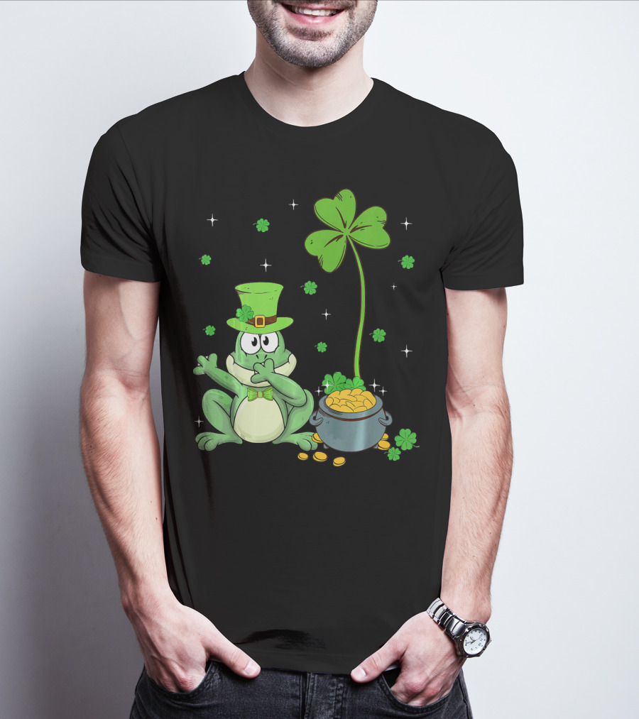 Shamrock Leprechaun Frog With Pot Of Gold And Clover Hat T-Shirt