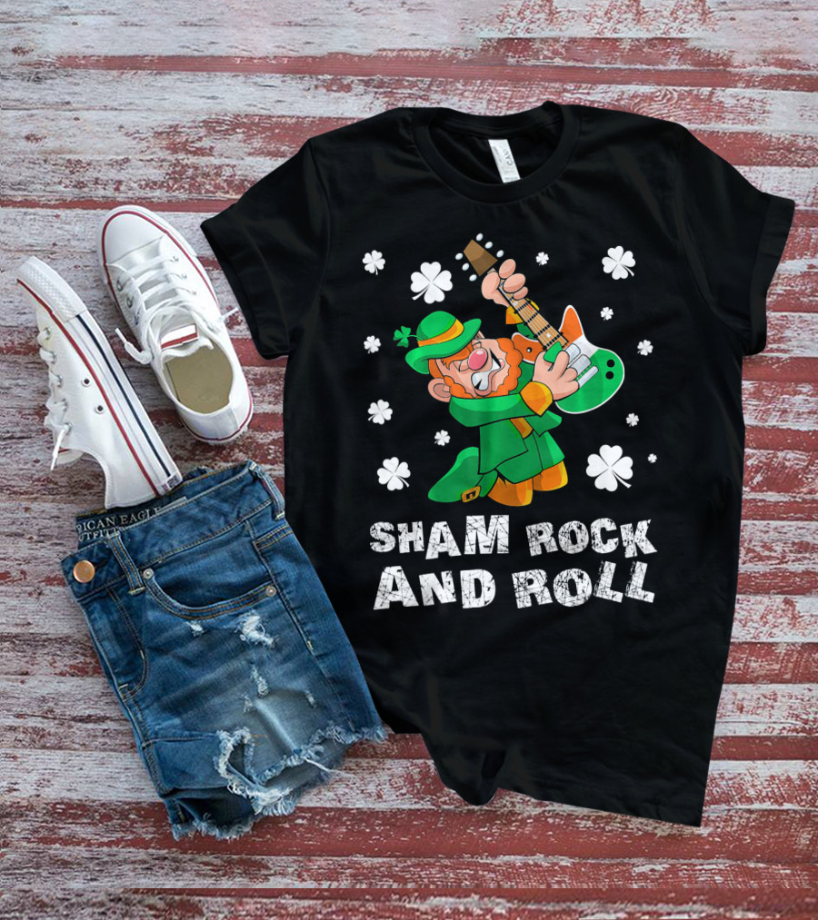 Sham Rock And Roll Leprechaun Playing Guitarist St Patricks Clover T-Shirt