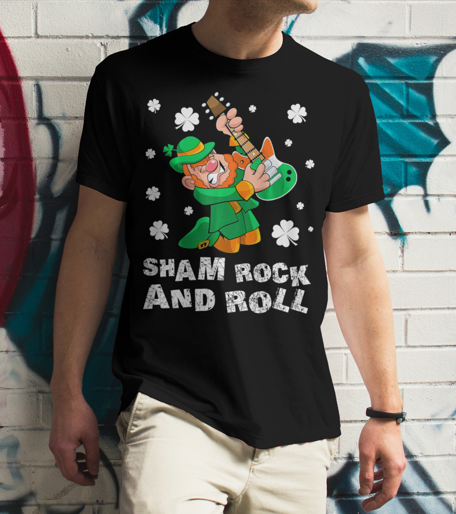 Sham Rock And Roll Leprechaun Playing Guitarist St Patricks Clover T-Shirt