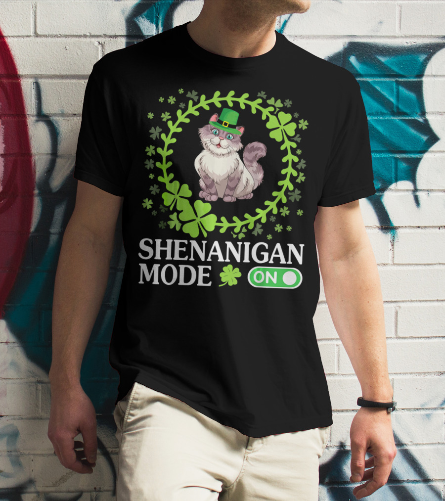 Shenanigan Mode On With Leprechaun Cat In Shamrocks Circle T-Shirt
