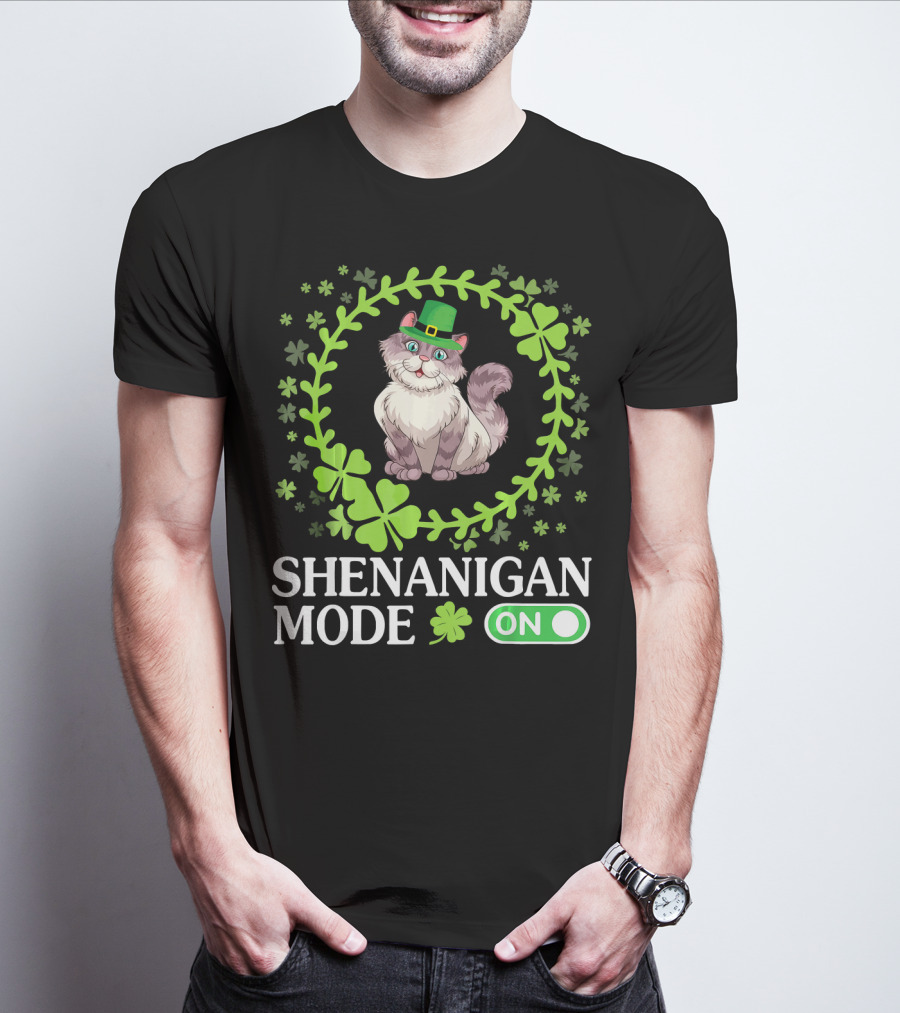 Shenanigan Mode On With Leprechaun Cat In Shamrocks Circle T-Shirt