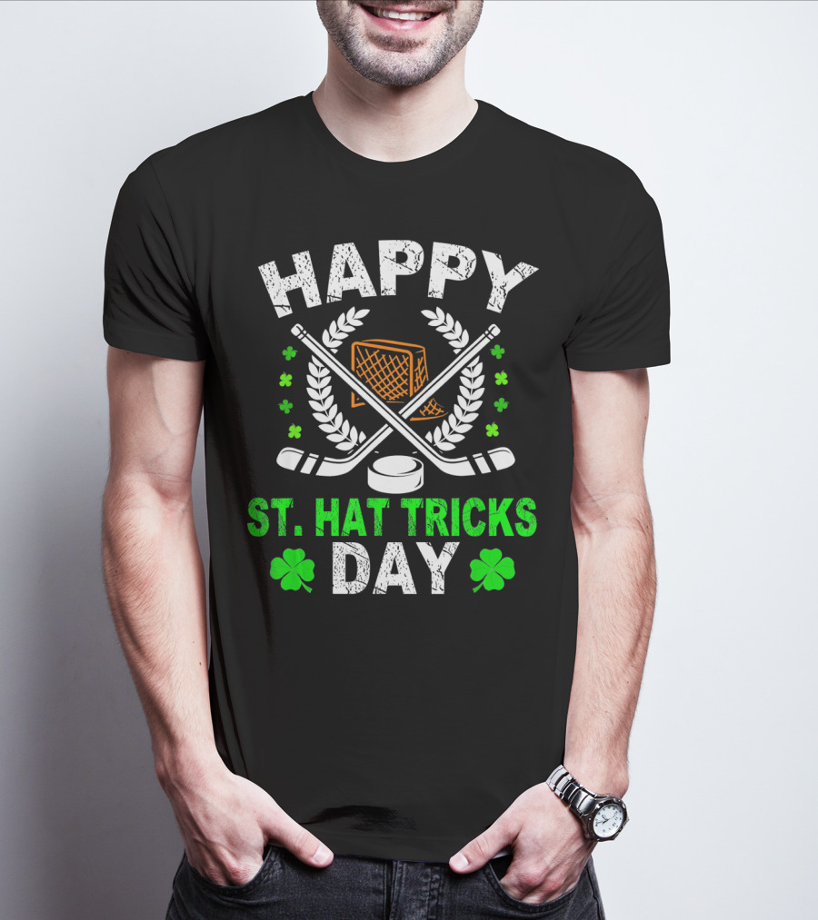 Happy St. Hat Tricks Day Hockey St. Patrick's Day Shamrocks And Sticks T-Shirt