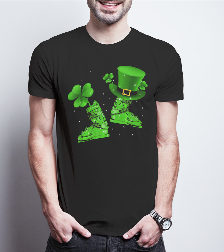 Shamrock Leprechaun Hat With Green Ski Boots T-Shirt