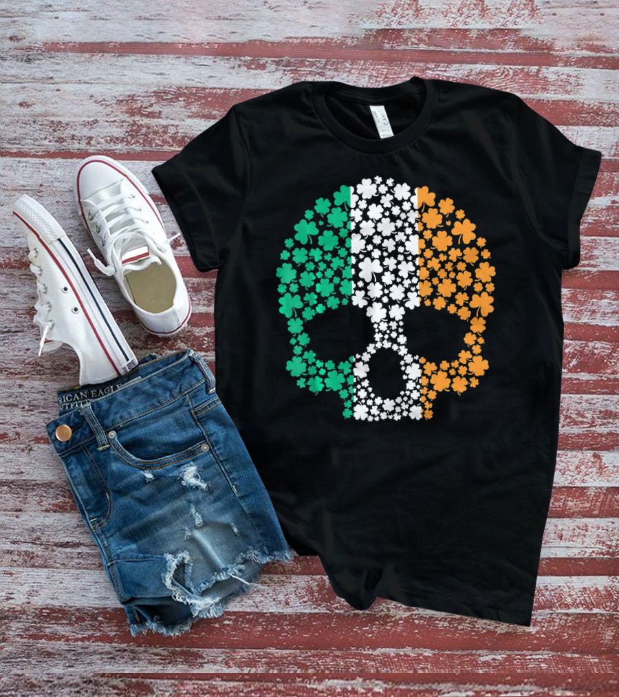 Irish Shamrock Skull With Tricolor Pattern For St. Patrick's Day T-Shirt