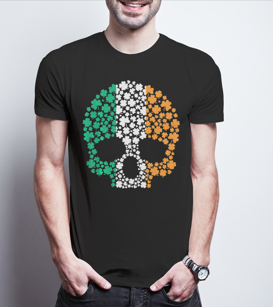 Irish Shamrock Skull With Tricolor Pattern For St. Patrick's Day T-Shirt