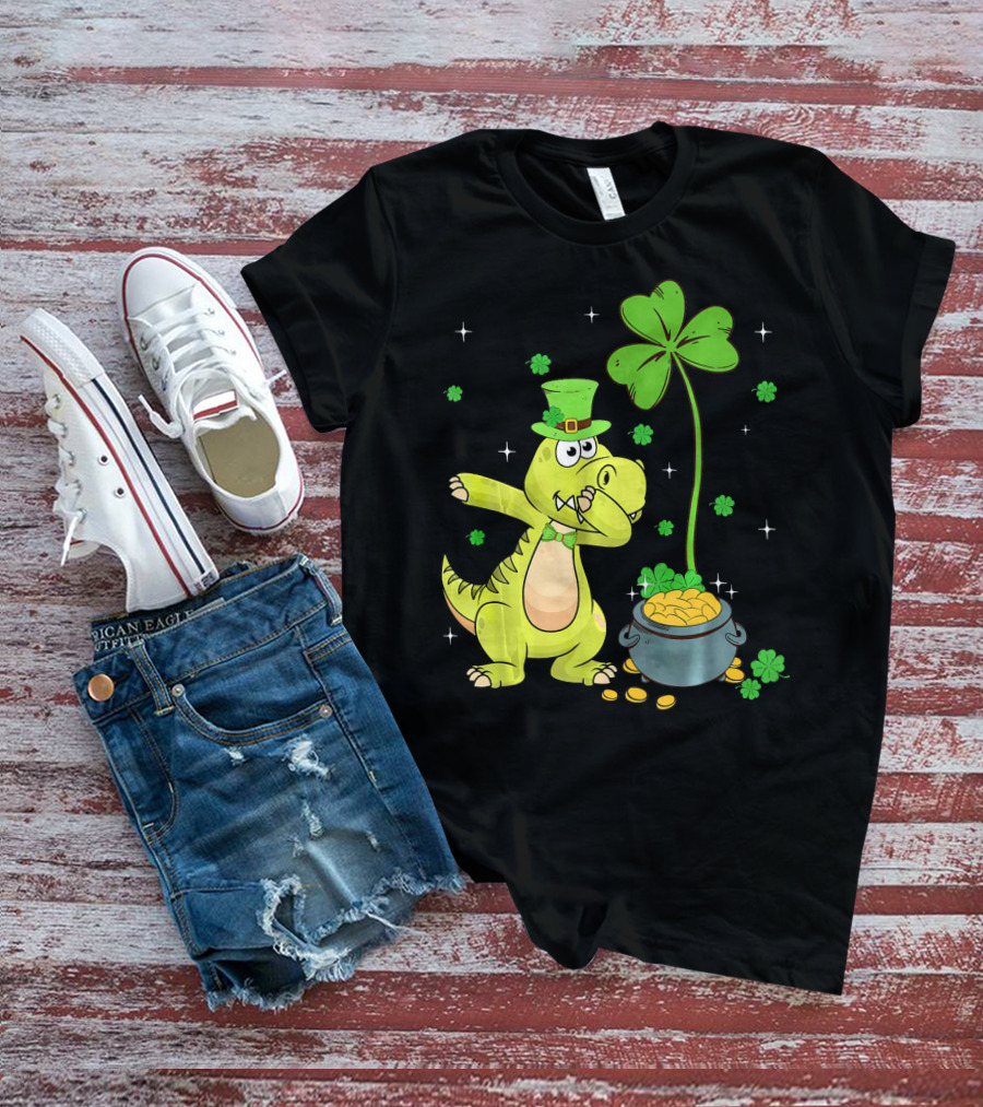 Shamrock Dabbing Dinosaur Leprechaun Gold Pot St Patricks T-Shirt
