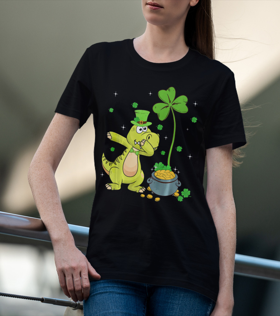 Shamrock Dabbing Dinosaur Leprechaun Gold Pot St Patricks T-Shirt