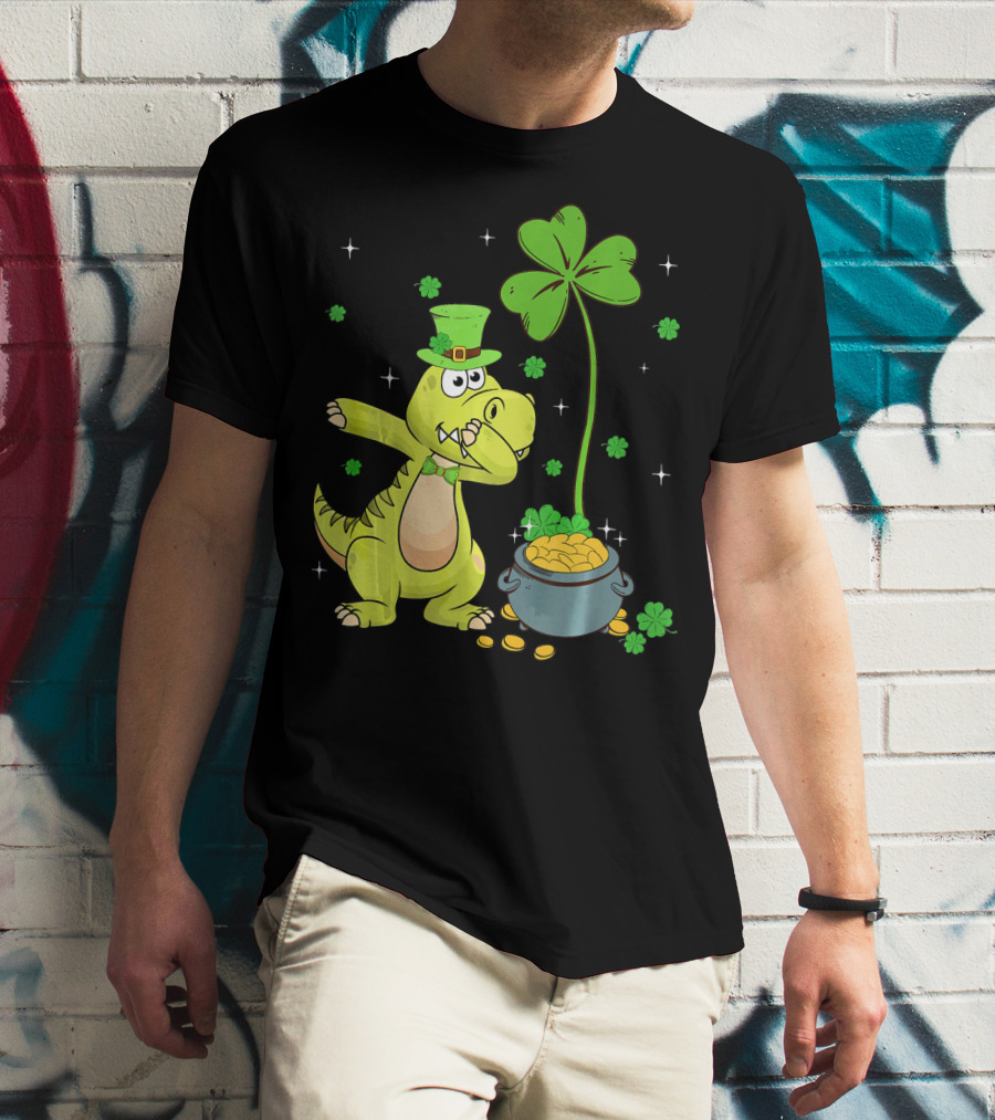 Shamrock Dabbing Dinosaur Leprechaun Gold Pot St Patricks T-Shirt