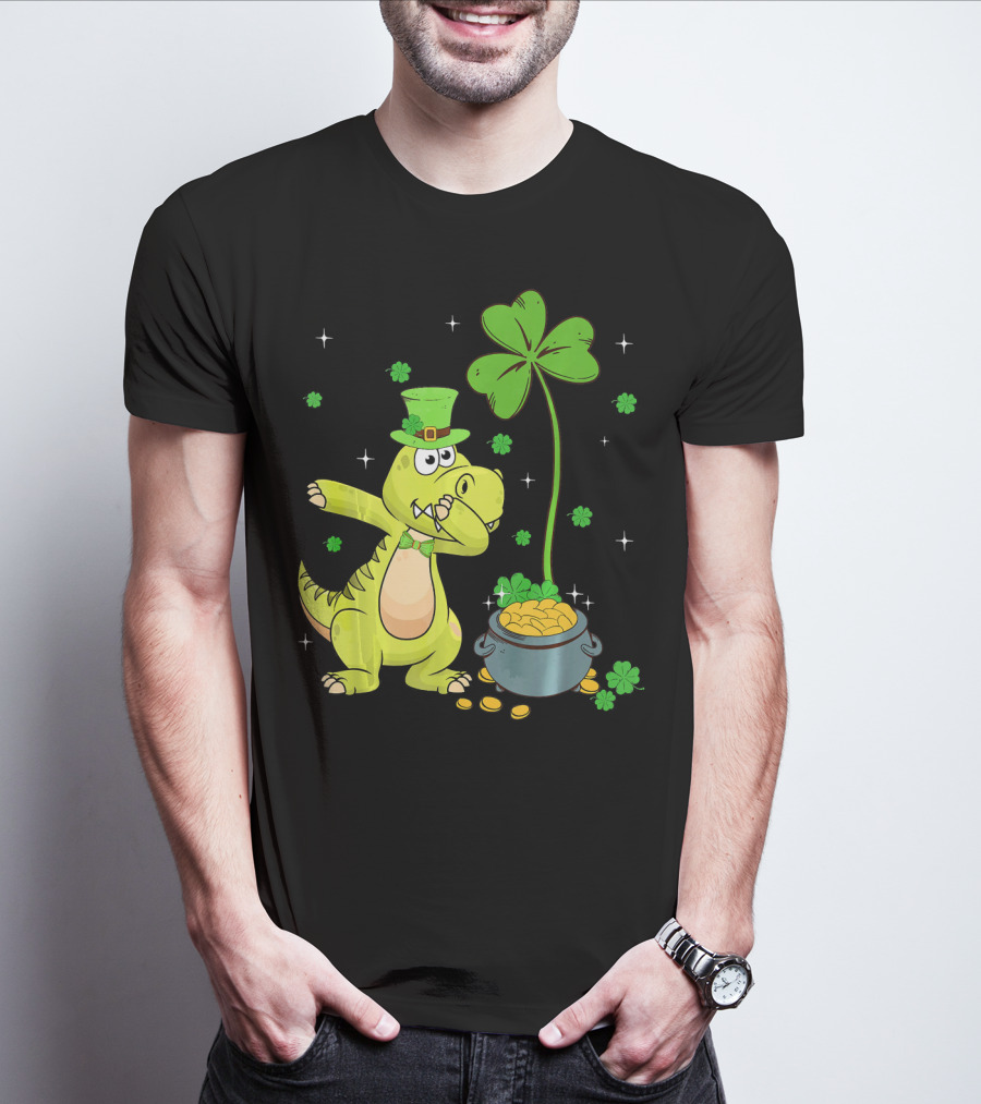 Shamrock Dabbing Dinosaur Leprechaun Gold Pot St Patricks T-Shirt