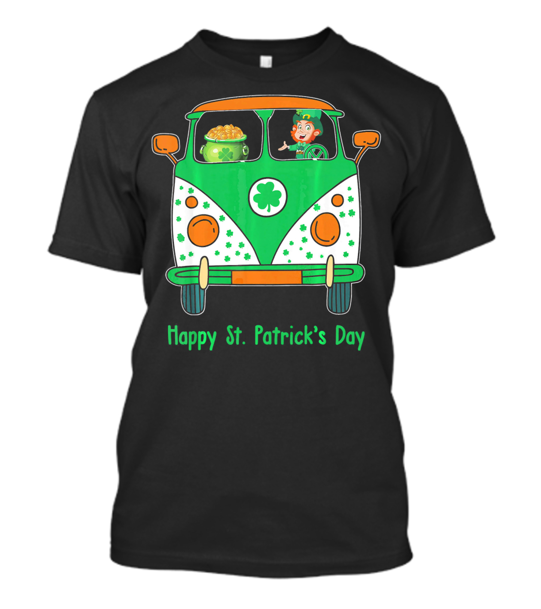 Happy St. Patrick's Day Leprechaun Gold Pot Hippie Car T-Shirt