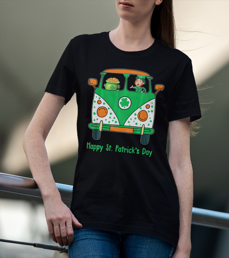Happy St. Patrick's Day Leprechaun Gold Pot Hippie Car T-Shirt