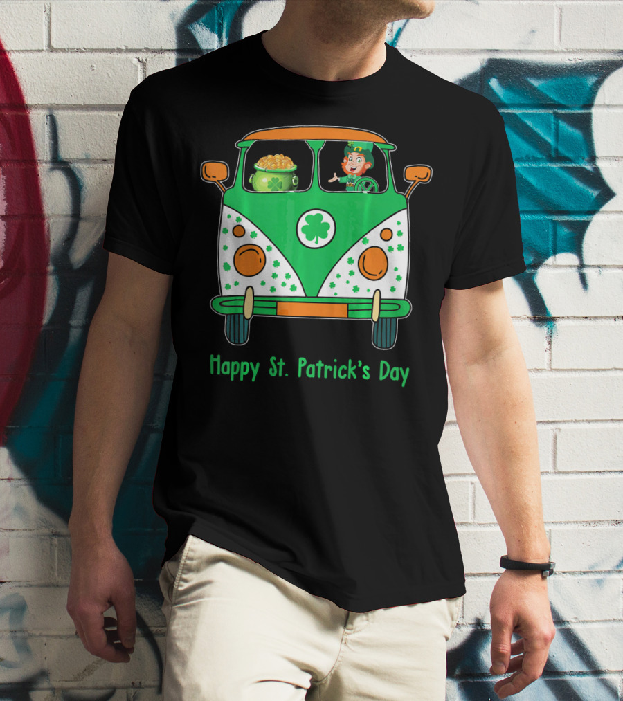 Happy St. Patrick's Day Leprechaun Gold Pot Hippie Car T-Shirt