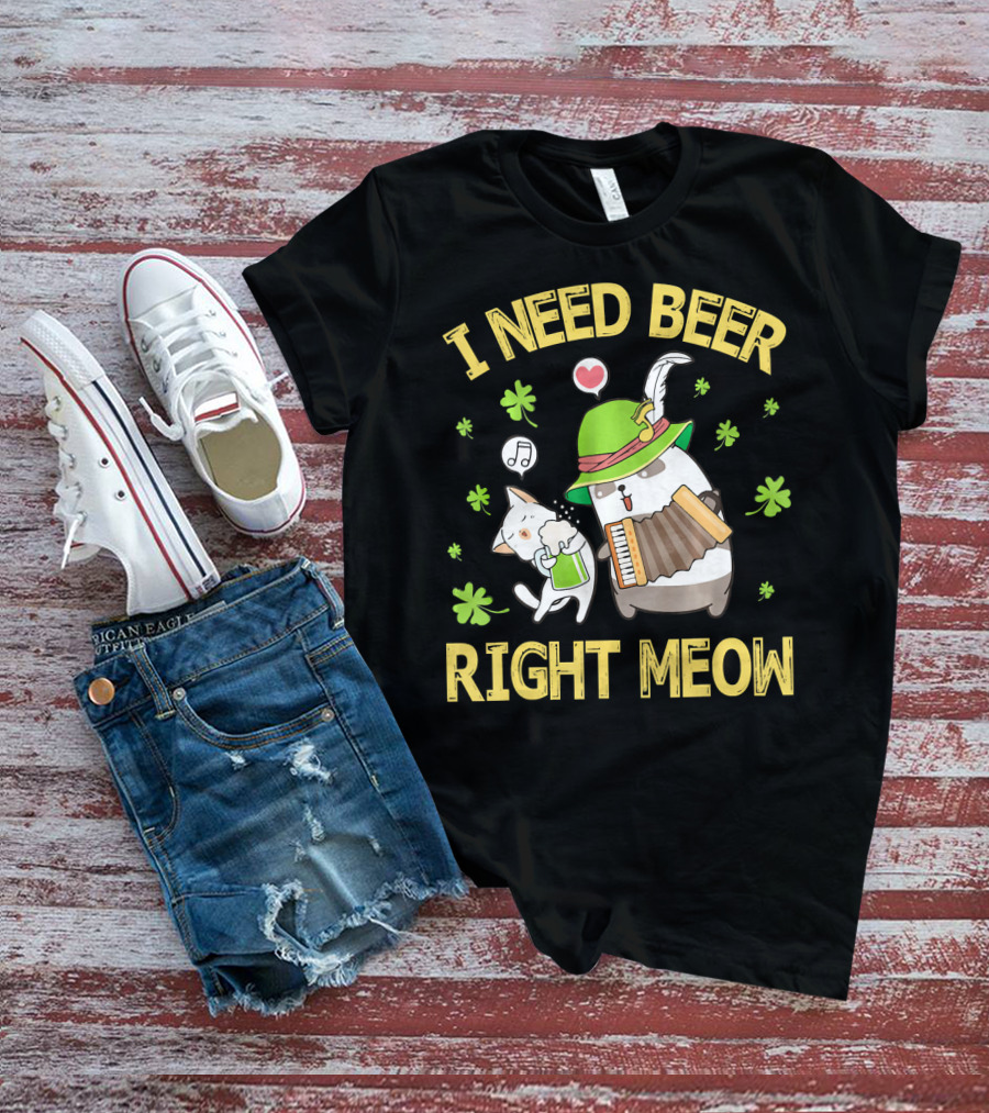 I Need Beer Right Meow Cat And Leprechaun Drinking And Dancing T-Shirt