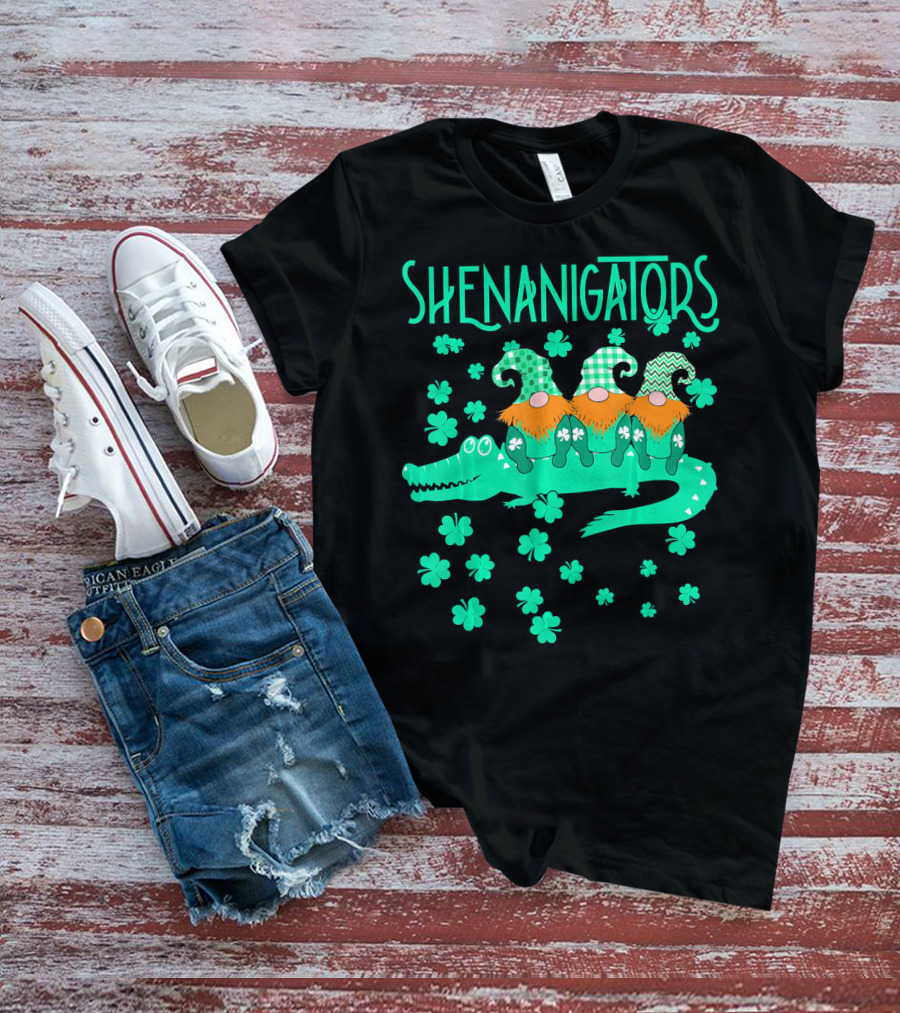 Shenanigators Funny Cute Alligator With Gnomes And Shamrocks T-Shirt