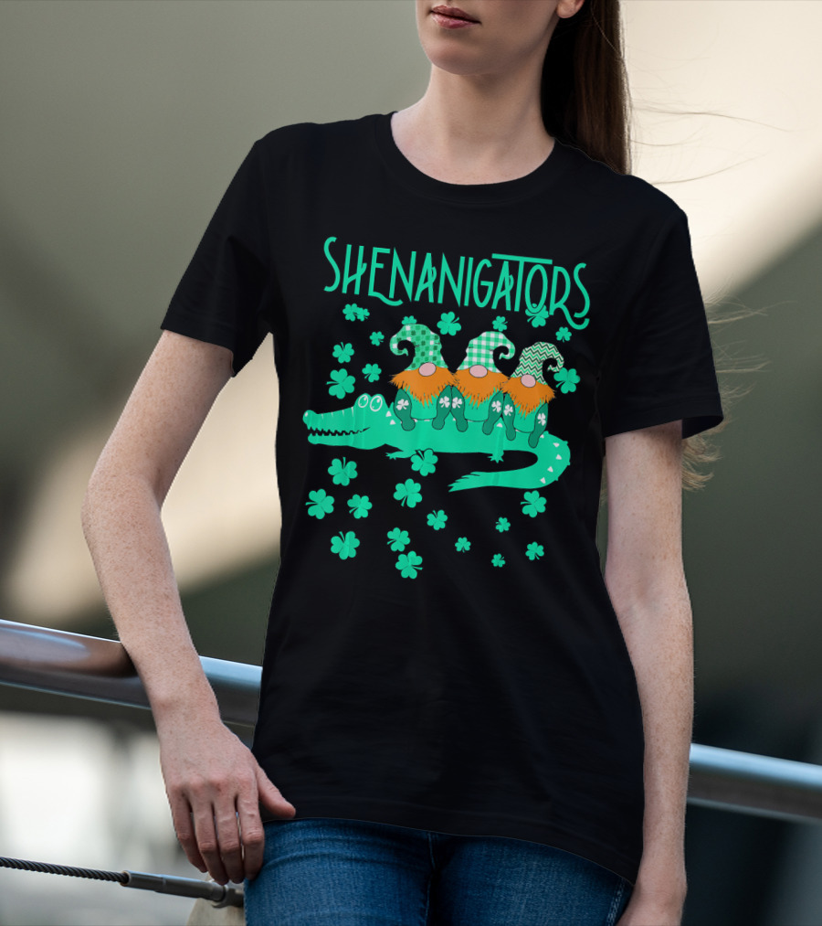 Shenanigators Funny Cute Alligator With Gnomes And Shamrocks T-Shirt