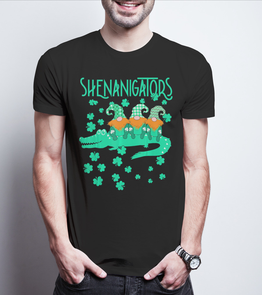 Shenanigators Funny Cute Alligator With Gnomes And Shamrocks T-Shirt