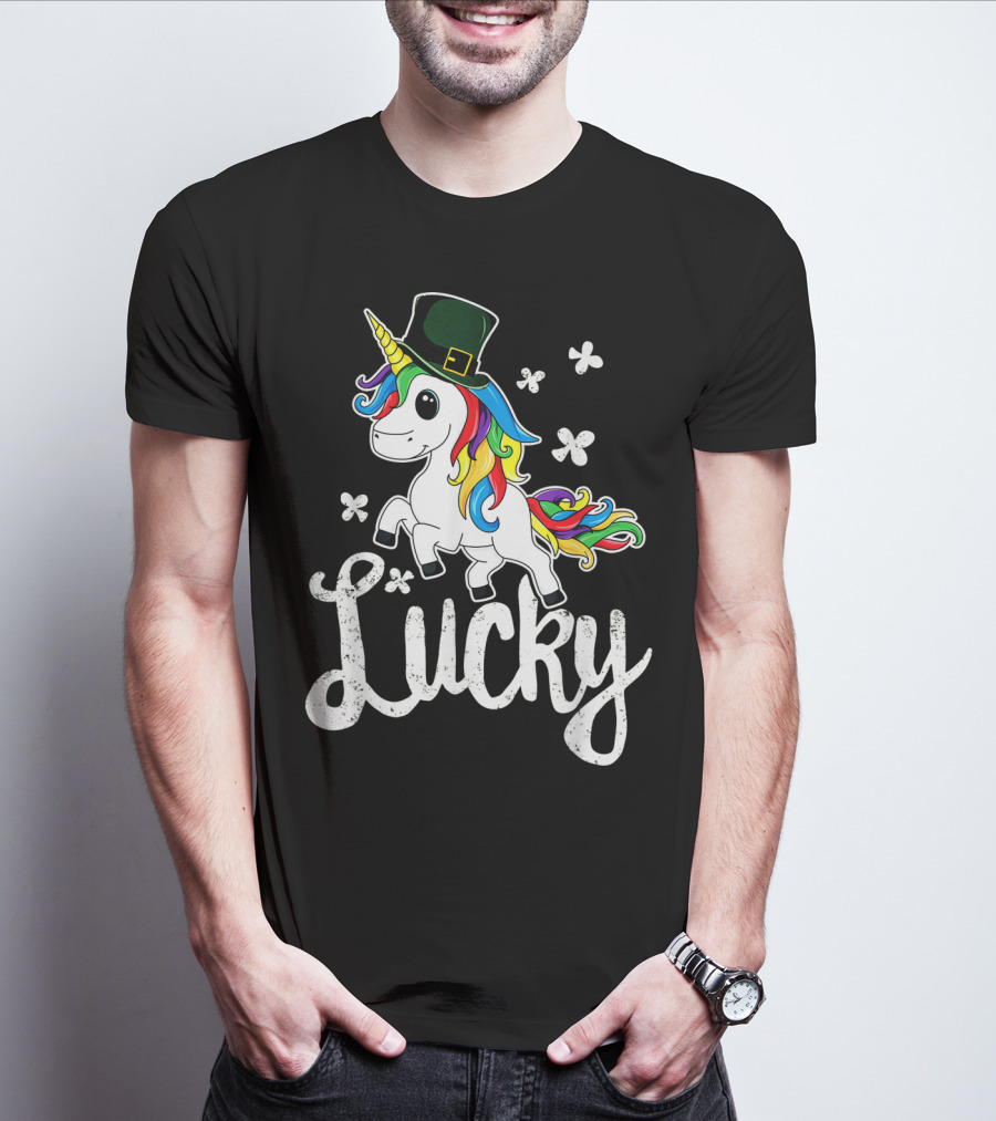 Lucky Unicorn Rainbow Shamrock Hat T-Shirt