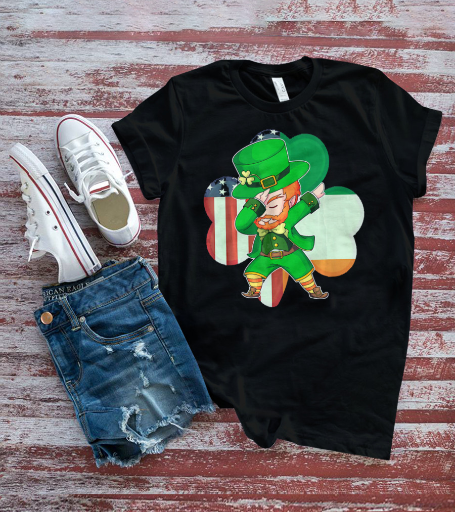 Funny Dabbing Leprechaun Shamrock American Irish Flag T-Shirt