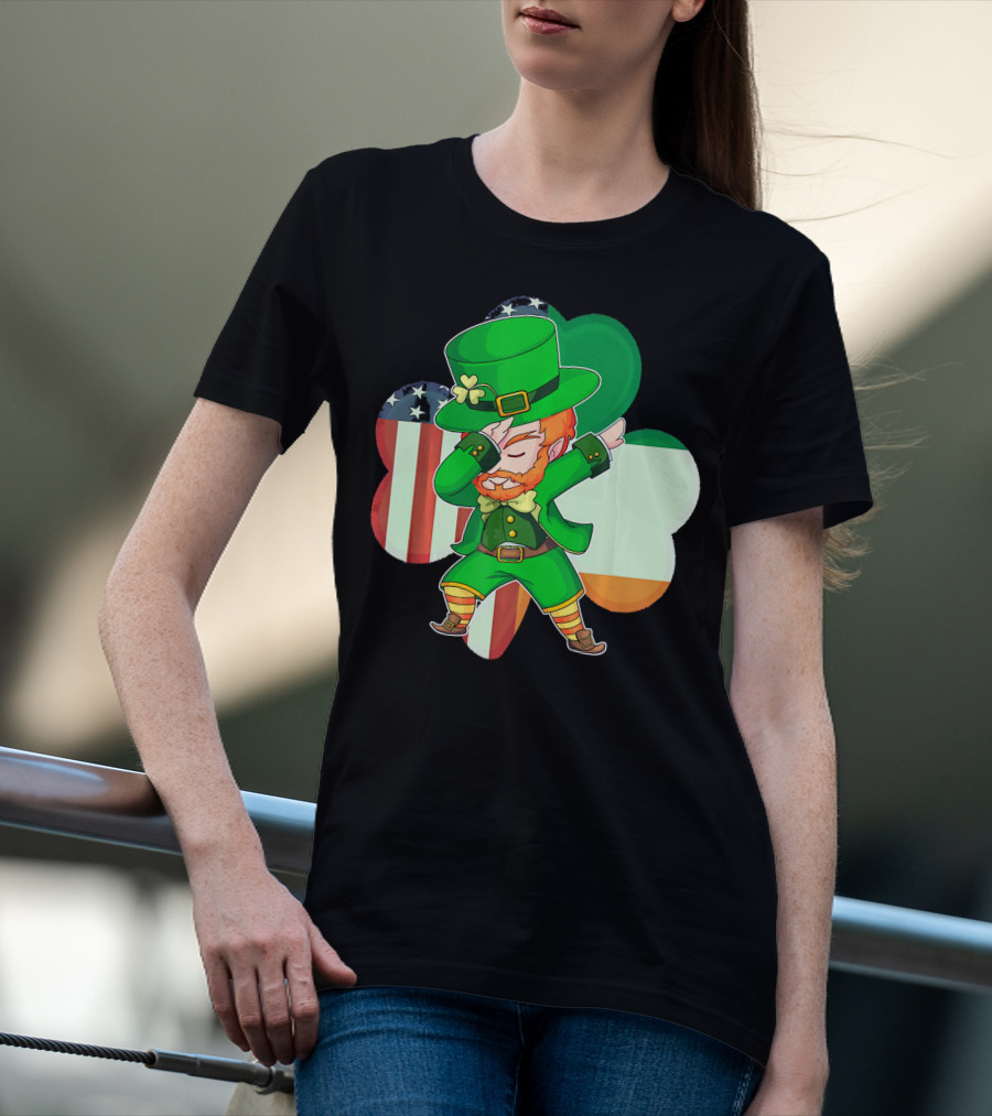 Funny Dabbing Leprechaun Shamrock American Irish Flag T-Shirt